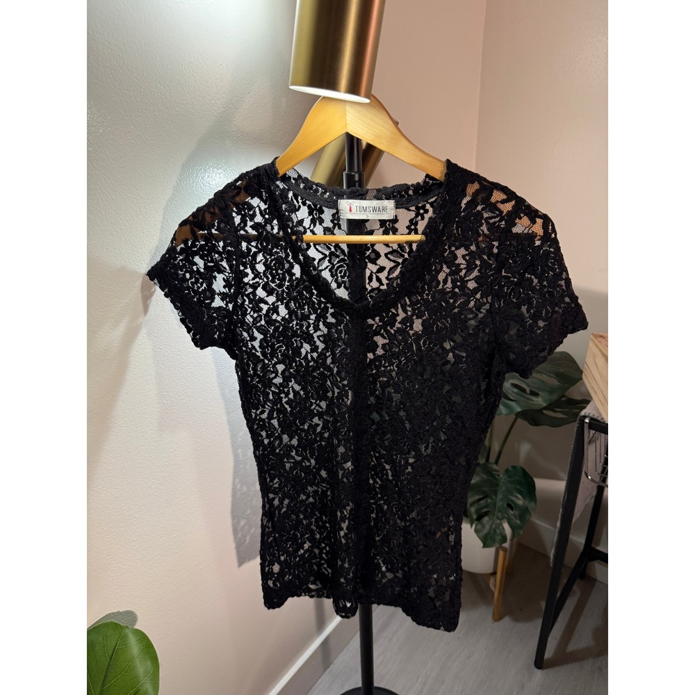 TomsWare Black Floral Lace V-Neck‎ Short Sleeve Top Sheer Y2K Style Small